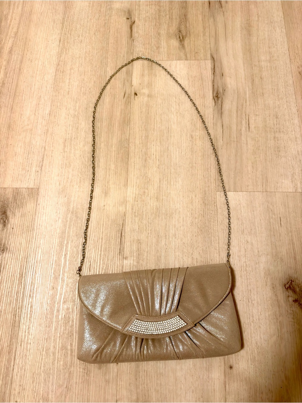 Elegant Metallic Taupe Clutch with Chain Strap
